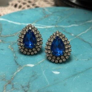 Vintage “Blue Vaseline” or “Aqua Uranium” Glass Teardrop Crystal Stud Earrings